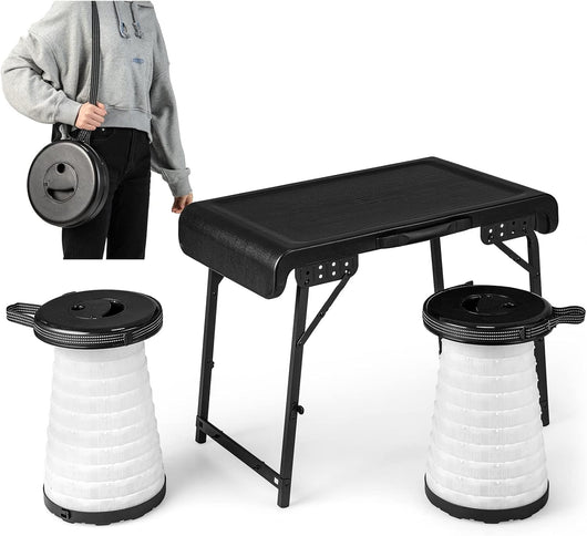 Set Tavolo da Campeggio con 2 Sgabelli LED Pieghevole, Set Tavolino Richiudibile in Valigetta Portatili, con Maniglia, Leggero, per Giardino Picnic BBQ