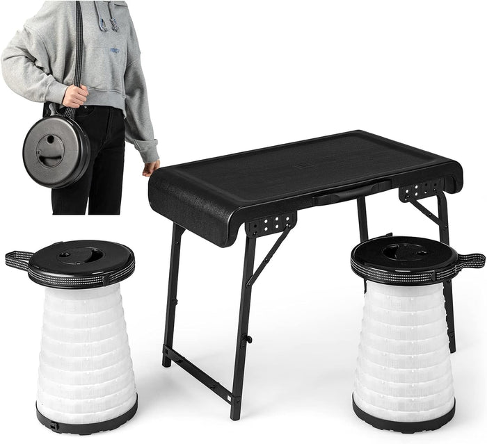 Set Tavolo da Campeggio con 2 Sgabelli LED Pieghevole, Set Tavolino Richiudibile in Valigetta Portatili, con Maniglia, Leggero, per Giardino Picnic BBQ