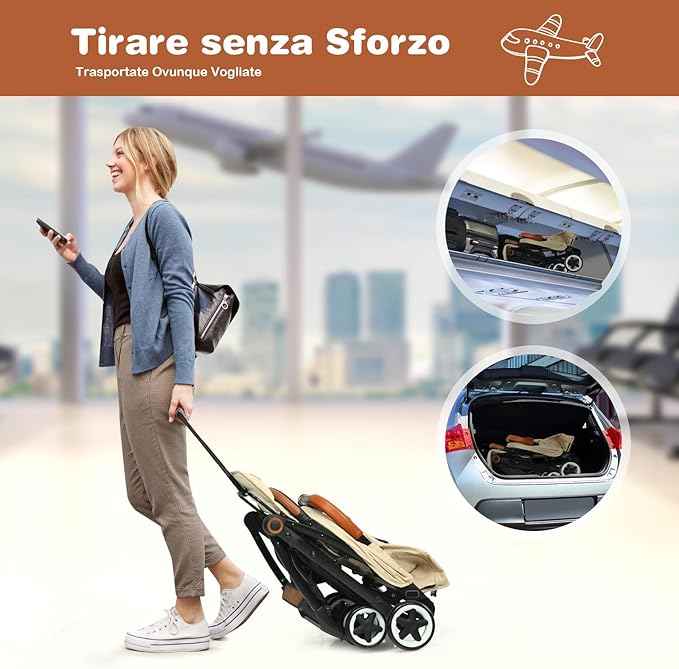 Passeggino Pighevole per Bmabini, Passeggino con Schienale e Poggiapiedi Regolabili, Passeggino Leggero Portata 15 kg, con Cappottina e Zanzariera, per Bambini 0-3 Anni (Beige)