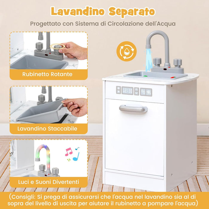 Set di Cucina Giocattolo per Bambini, con Suoni e Luci Divertenti, Lavabo, Forno a Microonde, Macchina del ghiaccio e Lavastoviglie, Lavagna, Ideale per Bambini 3 Anni+ (Bianco)