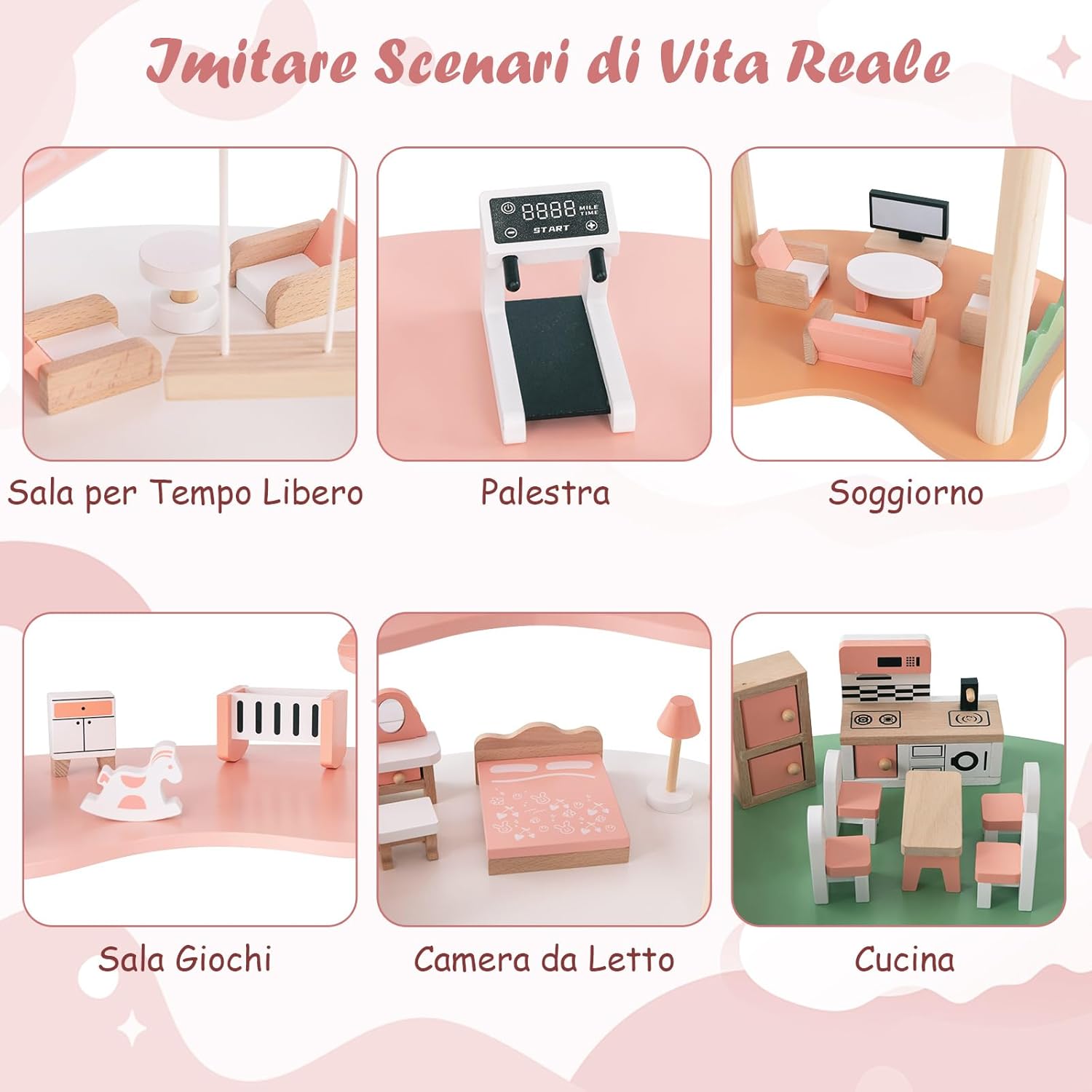 Casa delle Bambole in Legno, Casa delle Bambole a 3 Piani con 7 Stanze e Mobili, Accessori Realistici, per Bambini 3-8 Anni, 100 x 48 x 85,5 cm