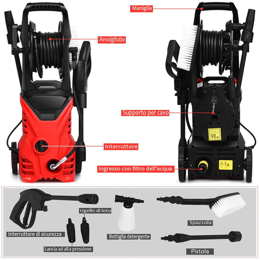 Idropulitrice con 2030 PSI, 5L / Min Idropulitrice Portatile con Ugello Lotus e Ugello ad Alta Pressione, Cavi e Tubi Più lunghi, Adatto per La pulizia di Giardini, Auto,Case (rosso)