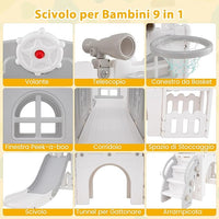 Scivolo per Bambini 9 in 1, Set da Gioco con Canestro da Basket, Telescopio, Volante, Corridoio, Tunnel e Spazio di Archiviazione, Scivolo da Interno ed Esterno per 1+ Anni (Grigio+Bianco)