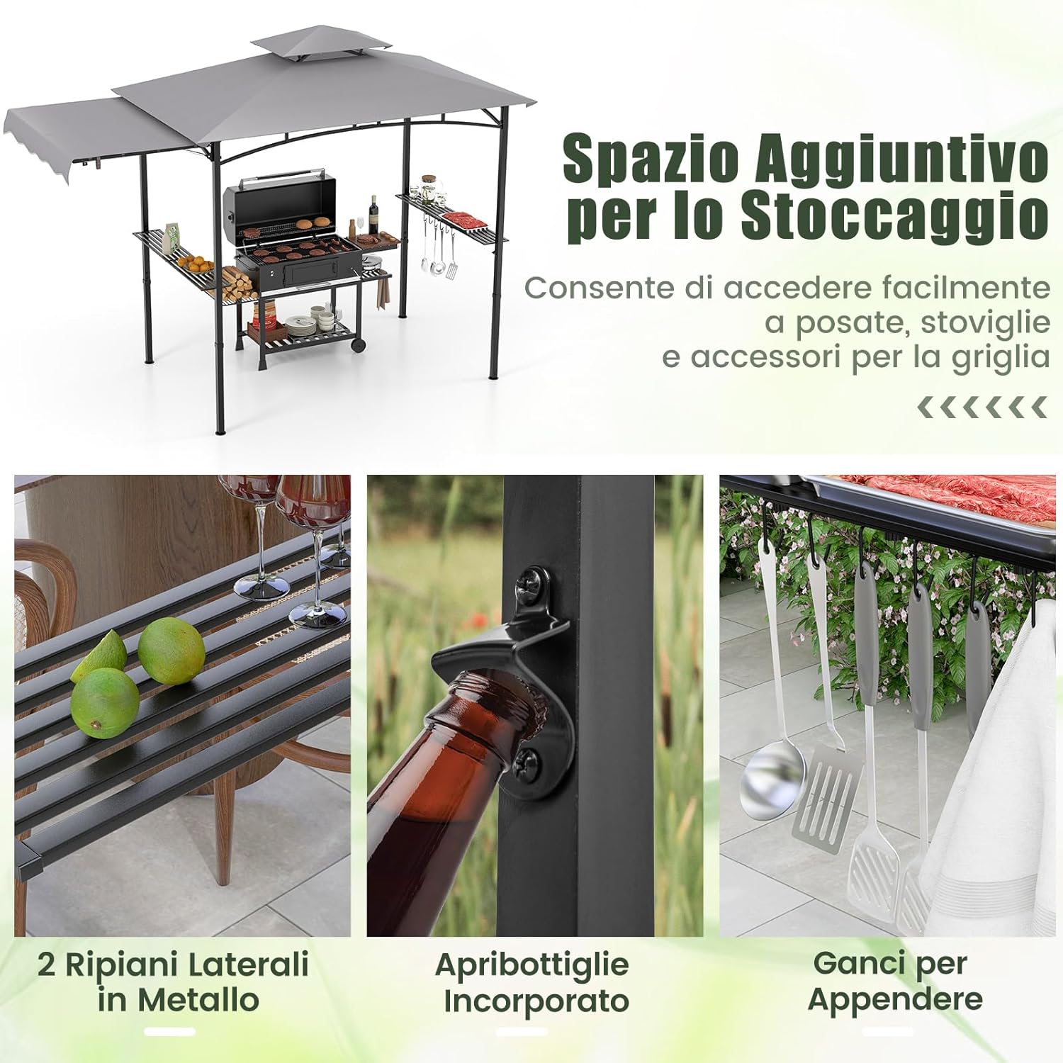 Gazebo per Barbecue, Pergola per BBQ con Tendalino Laterale, Tetto a 2 Livelli, 2 Ripiani Laterali, Ganci Appesi, Apribottiglie, per Giardino e Cortile, 318 x 153 x 250 cm (Grigio)