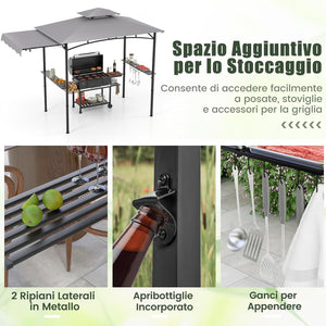 Gazebo per Barbecue, Pergola per BBQ con Tendalino Laterale, Tetto a 2 Livelli, 2 Ripiani Laterali, Ganci Appesi, Apribottiglie, per Giardino e Cortile, 318 x 153 x 250 cm (Grigio)