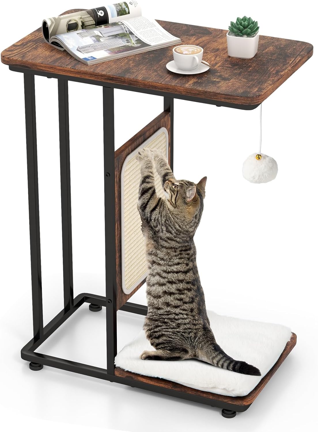 Tavolino da Salotto, Tavolino Multisuo con Tiragraffi, Cuscino Rimovibile Lavabile e Giocattolo Appeso, Mobili Moderni per Soggiorno e Camera da Letto, Marrone Rustico