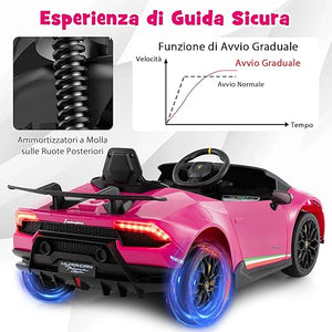 12V Lamborghini Auto Elettrica per Bambini, Macchina Elettrica Cavalcabile con Telecomando, Luci LED Musica e Funzione di Avvio Lento, 3-5 Km/h, per Bambini 3 Anni+ (Rosa)