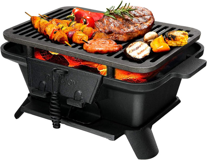 Barbecue Griglia a Carbone, Grill Barbecue Carbone Portatile, BBQ Grill in Ghisa, Ideale per Campeggio Picnic Feste, Nero