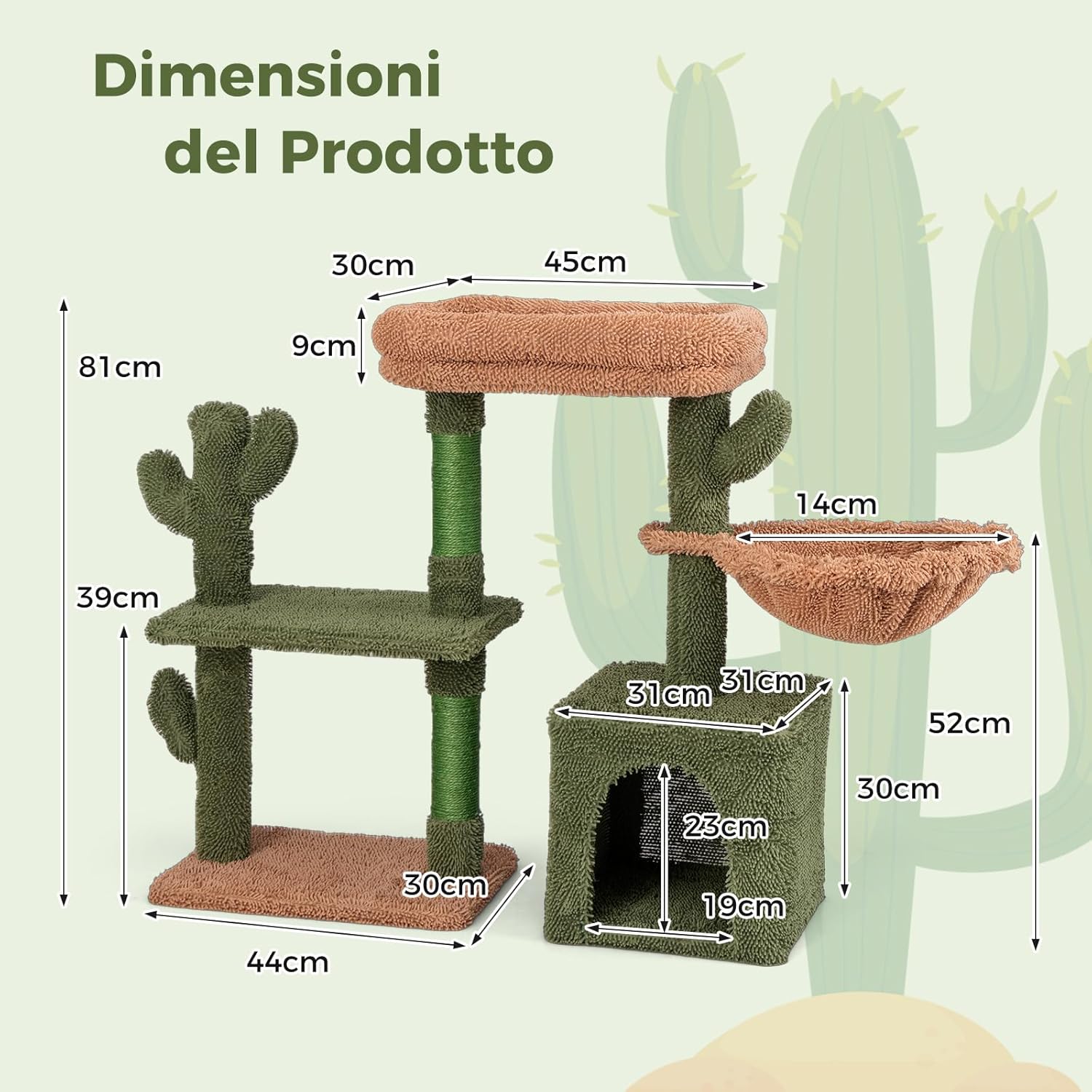 Tiragraffi per Gatti Moderno, Torre per Gatti Estetica a Forma di Cactus con Ripiano, Condo, Amaca, Posti per Graffi in Sisal e Cuscino Lavabile, Albero per Gatti Adulti e Cuccioli