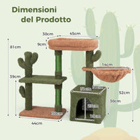 Tiragraffi per Gatti Moderno, Torre per Gatti Estetica a Forma di Cactus con Ripiano, Condo, Amaca, Posti per Graffi in Sisal e Cuscino Lavabile, Albero per Gatti Adulti e Cuccioli