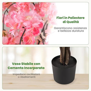 Albero di Ciliegio Artificiale 163 CM, Pianta Finta da Interno con Vaso in PP Riempito con Cemento, Fiori in Tessuto, Decorazione per Ufficio, Casa e Veranda (Rosa)