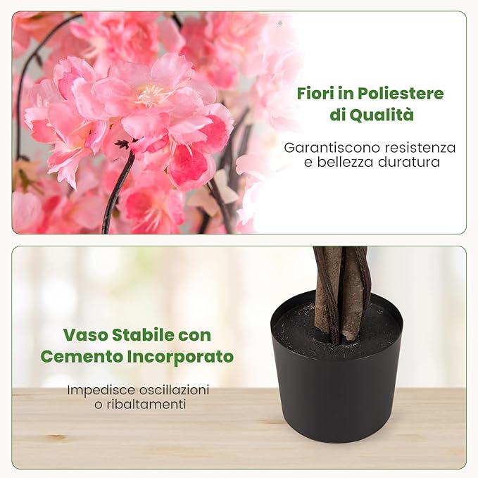 Albero di Ciliegio Artificiale 163 CM, Pianta Finta da Interno con Vaso in PP Riempito con Cemento, Fiori in Tessuto, Decorazione per Ufficio, Casa e Veranda (Rosa)