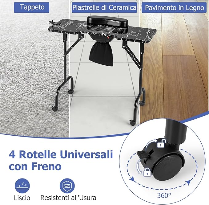 Tavolo per Manicure Pieghevole con Aspiratore Elettrico, Tavolo per Unghie Portatile con Luce LED, Cuscino Poggia Polso Clienti, Borsa e 4 Ruote Bloccabili (Nero)