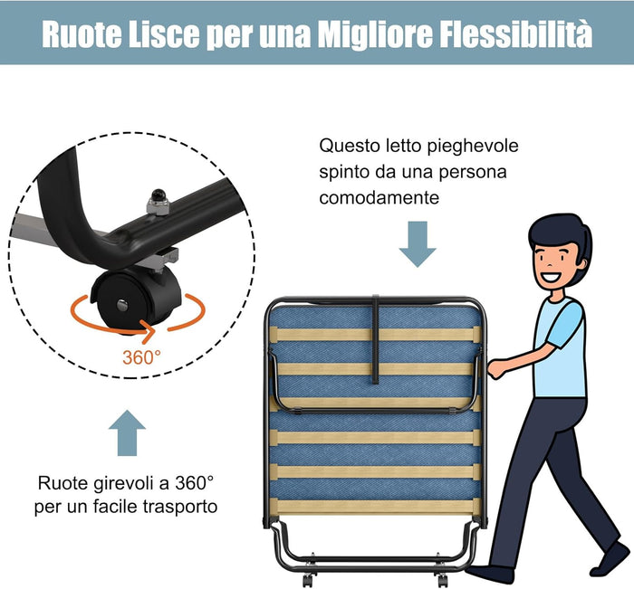 Brandina Pieghevole con Ruote Girevoli, con Materasso in Memory Foam, Lettino Pieghevole a Doghe 190x80 cm, Salvaspazio, Carico Massimo 130 kg (Blu)
