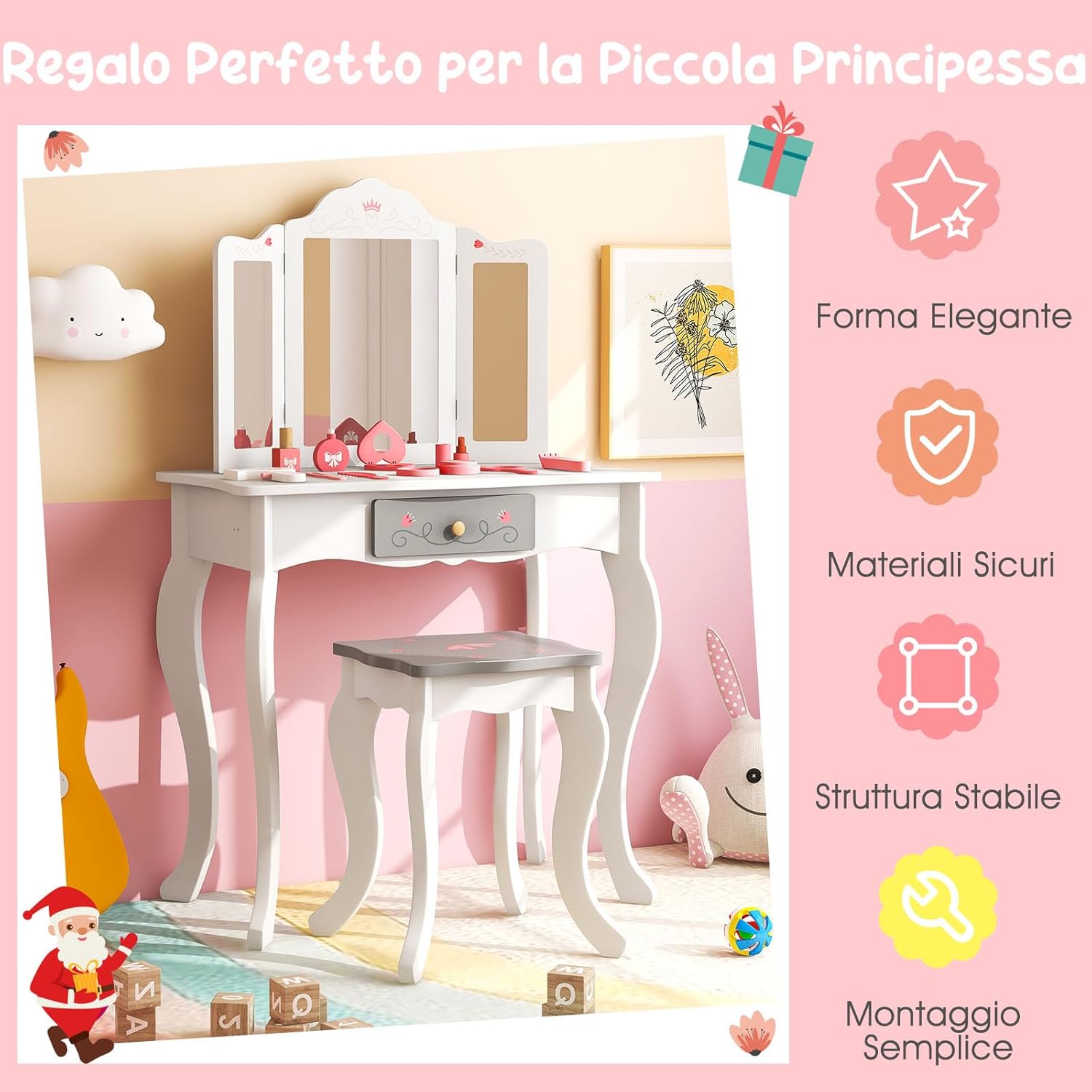Toeletta Trucco 2 in 1 per Bambina, Specchiera Staccabile per Ragazza in Legno con Sgabello, Cassetto e Giocattoli, Postazione Trucco per 3 Anni, 50 x 34 x 93 cm, Bianco（Modello 2）