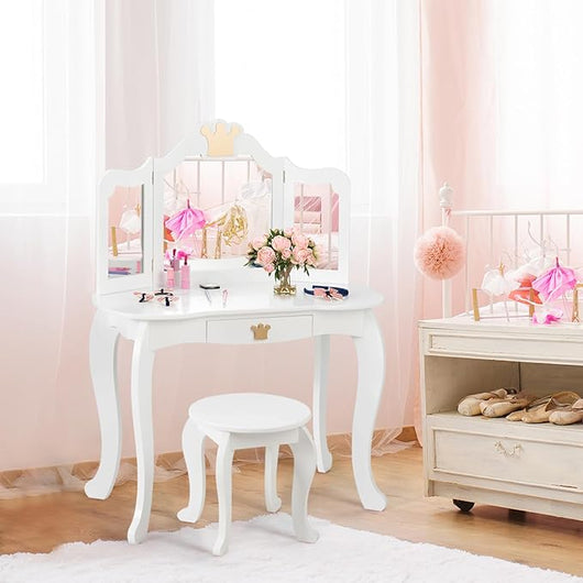 Toeletta Trucco per Bambina Staccabile, Specchiera per Ragazza in Legno con Sgabello e Cassetto, Postazione Trucco 2 in 1 per Cameretta e Cmera da Letto, 80x42x105cm (Bianco)