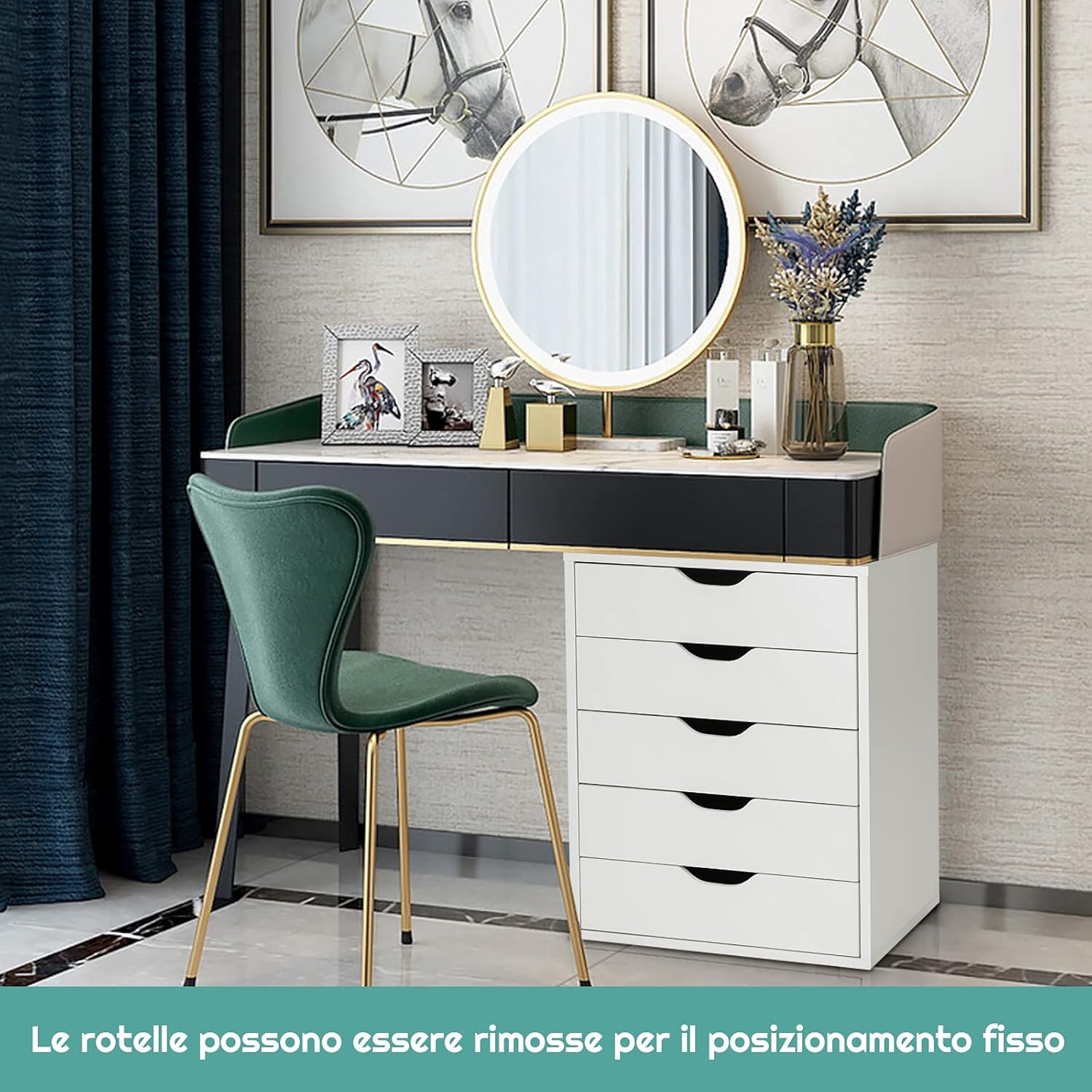 Cassettiera da Ufficio con 5 Cassetti e Ruote, Mobiletto Multiuso per Documenti e Cosmetici, Comodino con Ruote per Camera da letto, Studio, Ufficio e Soggiorno (Bianco)