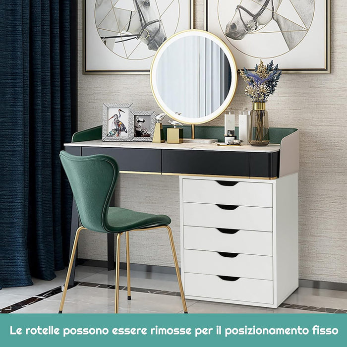 Cassettiera da Ufficio con 5 Cassetti e Ruote, Mobiletto Multiuso per Documenti e Cosmetici, Comodino con Ruote per Camera da letto, Studio, Ufficio e Soggiorno (Bianco)