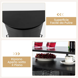 COSTWAY Tavolo Bar Semicircolare 110,5 x 48 x 112,5cm, Bancone Bar a 4 Ripiani con Scaffali di Stoccaggio e 3 Supporti per Calici, Piano Curvo, Fronte in Metallo Perforato e Poggiapiedi, Nero