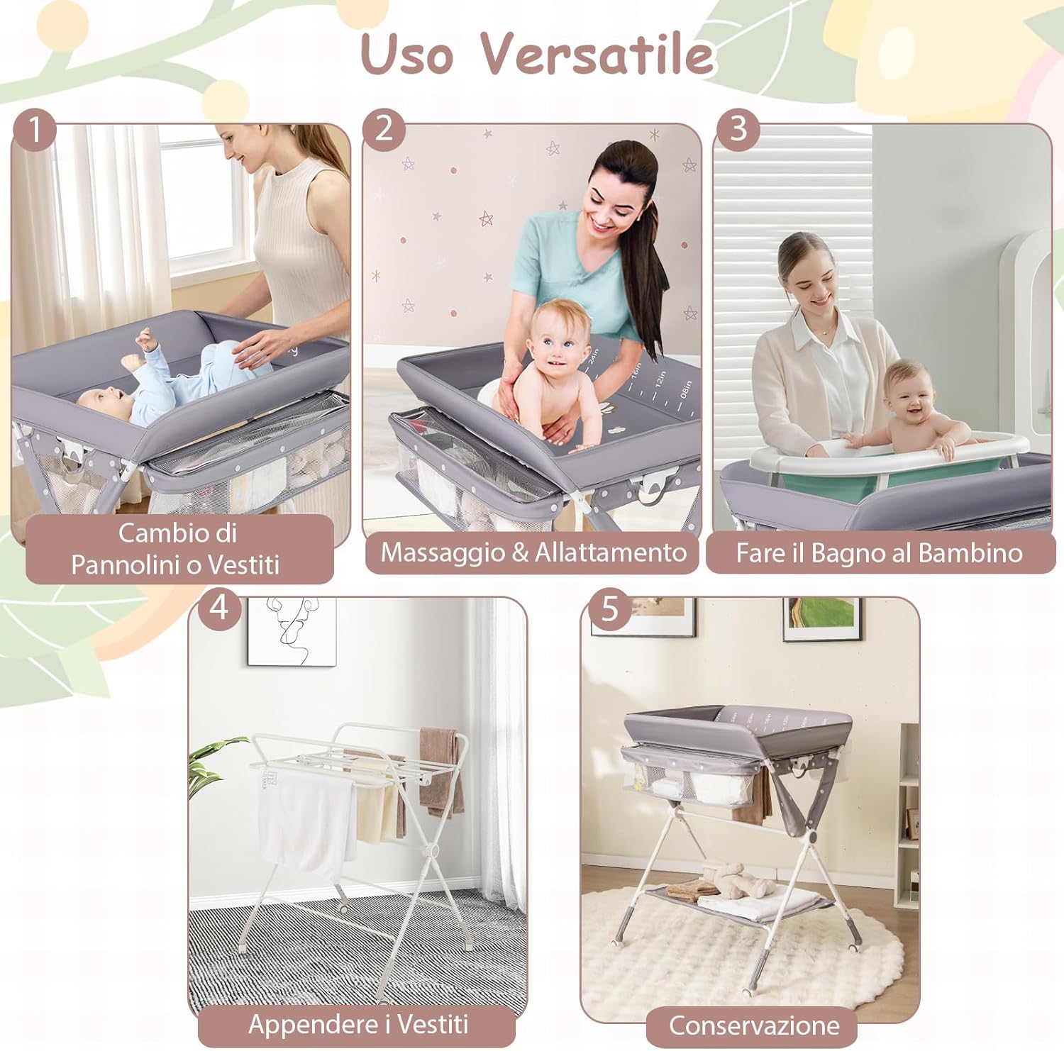 Fasciatoio Neonato Pieghevole, Fasciatoio Portatile con Altezza Regolabile a 3 Livelli, Fasciatoio Neonato con Ruote di Bloccabili, Ripiano, Porta Asciugamani, Cestino di Rifiuti (Grigio)
