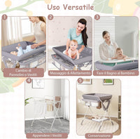 Fasciatoio Neonato Pieghevole, Fasciatoio Portatile con Altezza Regolabile a 3 Livelli, Fasciatoio Neonato con Ruote di Bloccabili, Ripiano, Porta Asciugamani, Cestino di Rifiuti (Grigio)