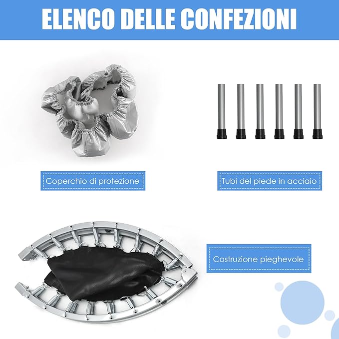 Mini Trampolino Elastico e Pieghevole, Capacità di Carico 150 kg, per Interno ed Esterno