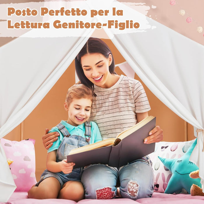 Tenda da Gioco per Bambini, Tenda per Bambini con Finestre Tappetino Lavabile in Cotone e Bandiera, Castello da Gioco per Bambini 3 Anni + (Marrone chiaro)