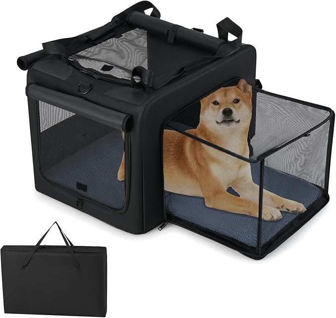Trasportino Pieghevole per Cani e Gatti, Borsa da Trasporto per Animali con 2 Aperture, Finestra, Cesto Interno in Rete, Tasche Laterali e Porta Bicchiere, Gabbia Morbida e Portatile (S)