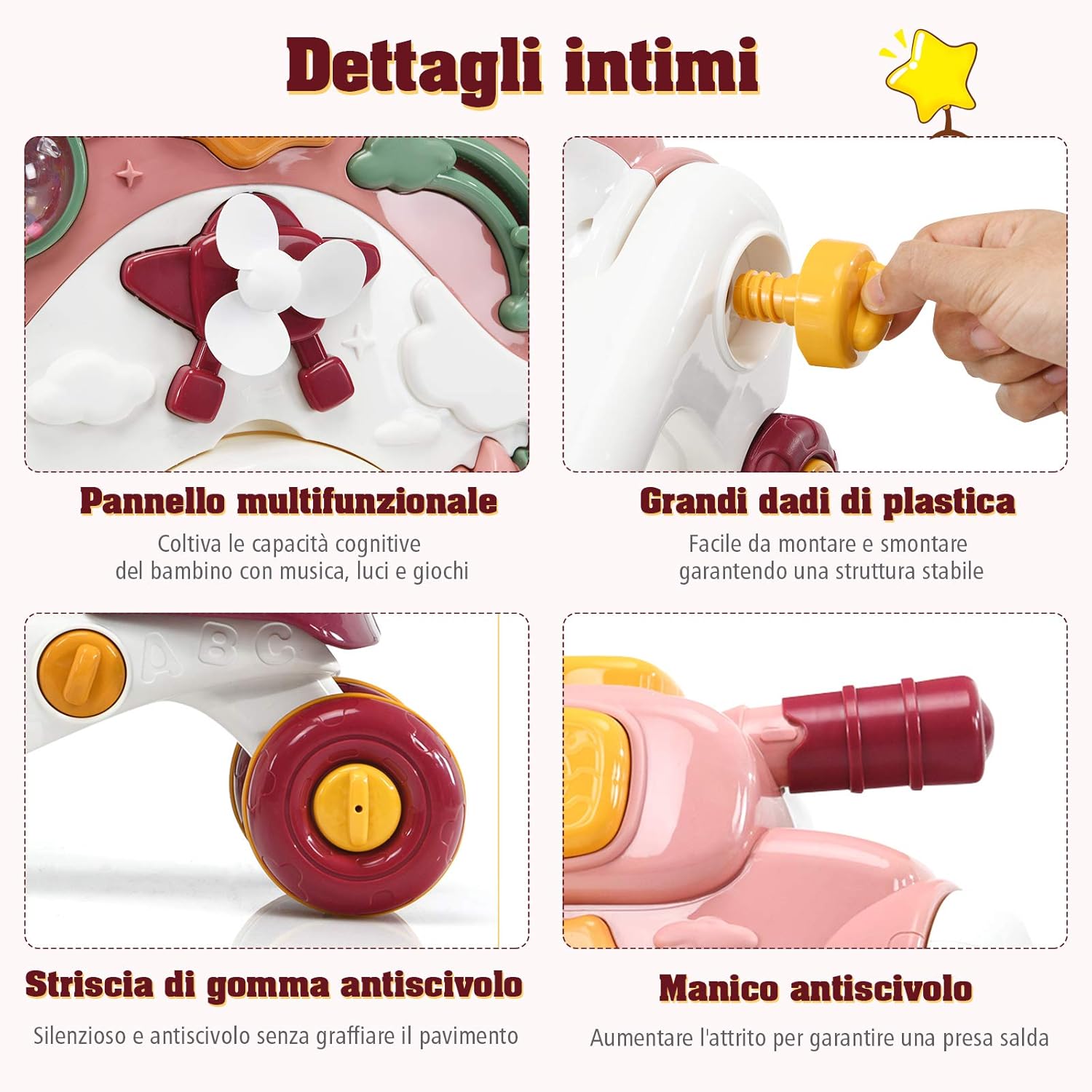 3 in 1 Primi Passi Cavalcabile Spingibile, Giocattolo Educativo con Musica e Luci, con 4 Ruote Antiscivolo, Ideale per Bambini 6-36 Mesi (Rosa)