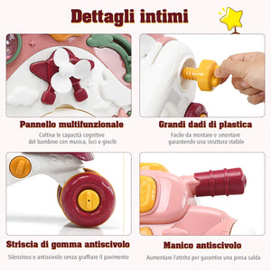 3 in 1 Primi Passi Cavalcabile Spingibile, Giocattolo Educativo con Musica e Luci, con 4 Ruote Antiscivolo, Ideale per Bambini 6-36 Mesi (Rosa)