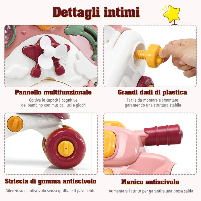 3 in 1 Primi Passi Cavalcabile Spingibile, Giocattolo Educativo con Musica e Luci, con 4 Ruote Antiscivolo, Ideale per Bambini 6-36 Mesi (Rosa)