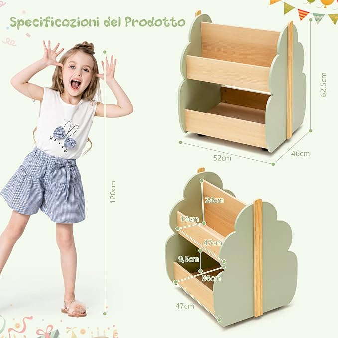 Libreria per Bambini in Legno, Scaffale di Stoccaggio a 2 Livelli per Bambini e Bambine, Organizzatore di Libri e di Giocattoli, Ideale per Caremetta e Nido, 52 x 46 x 62,5 cm (Verde)