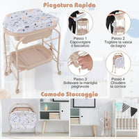 Fasciatoio con Vaschetta da Bagno per Bagnetto, Fasciatoio Pieghevole Salvaspazio con Materassino in PVC e Ruote, 0-12 Mesi fino a 11kg (Beige)