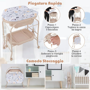 Fasciatoio con Vaschetta da Bagno per Bagnetto, Fasciatoio Pieghevole Salvaspazio con Materassino in PVC e Ruote, 0-12 Mesi fino a 11kg (Beige)