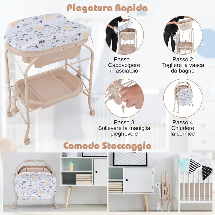 Fasciatoio con Vaschetta da Bagno per Bagnetto, Fasciatoio Pieghevole Salvaspazio con Materassino in PVC e Ruote, 0-12 Mesi fino a 11kg (Beige)