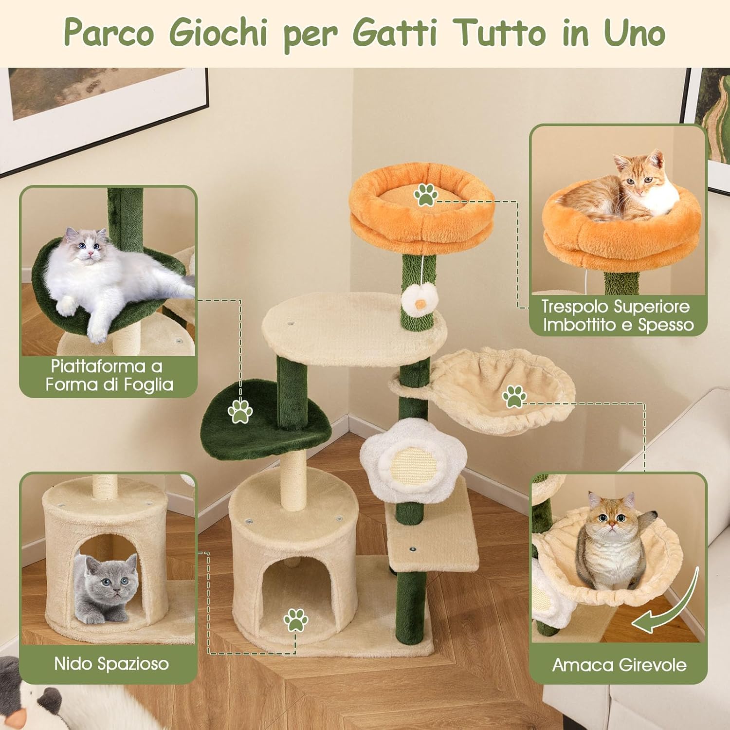 Tiragraffi per Gatto Alto 114 cm Forma di Fiore, Albero Tiragraffi Gatto con Amaca, Grotta e Palla Pompon, Torre Tiragraffi per Gatti con Pali e Tavola in Sisal, Verde e Beige