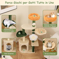 Tiragraffi per Gatto Alto 114 cm Forma di Fiore, Albero Tiragraffi Gatto con Amaca, Grotta e Palla Pompon, Torre Tiragraffi per Gatti con Pali e Tavola in Sisal, Verde e Beige