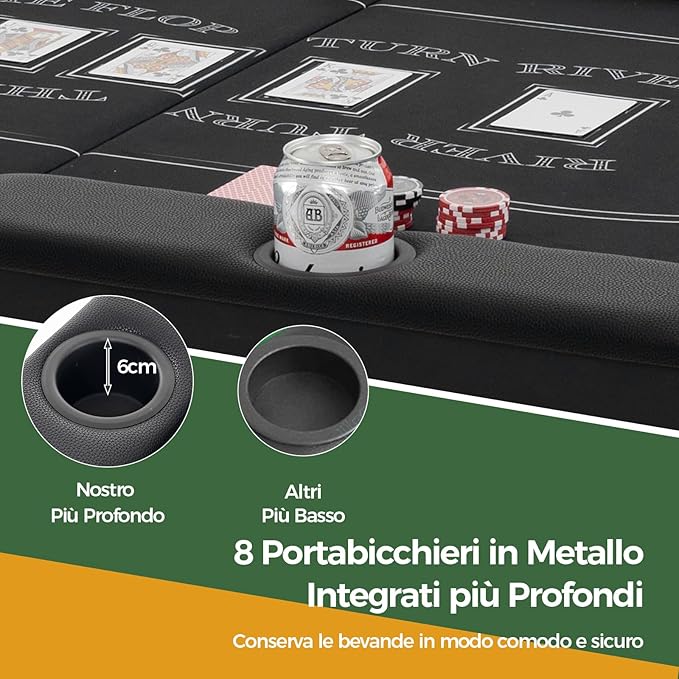 Tavolo da Poker Pieghevole 182 cm per 8 Giocatori, Tavolo da Gioco Ovalo con Supporti per Bicchieri, Rivestimenti Imbottiti, per Blackjack, Texas Hold’em, Giochi da Casinò (Nero)