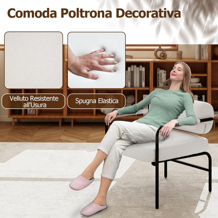 Poltrona da Salotto, Poltrona Ergonomica con Schienale Cilindrico e Braccioli in Metallo, Sedia Imbottita Laterale per Soggiorno, Camera da Letto e Sala Lettura, Portata 150 kg
