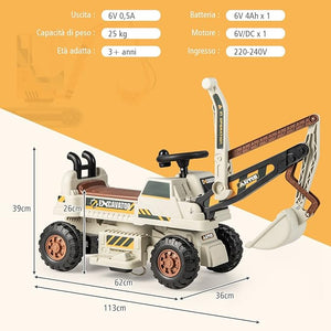 Escavatore Cavalcabile per Bambini, Ruspa Cavalcabile con Sedile Scomparto Portaoggetti, Funzione di Musica e di Educativa, Regalo per Bambini 3 Anni+ (Grigio)