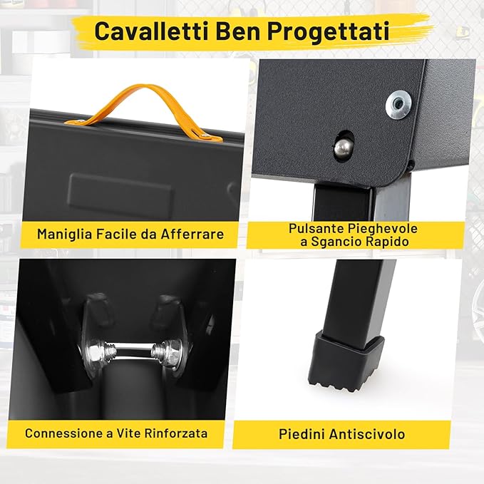 Set di 2 Cavalletti da Lavoro, Cavalletti Pieghevoli e Portatili in Metallo Resistente con Bracci di Supporto Rimovibili 2 x 4, Portata 1000 kg, Supporto per Sega per Officina