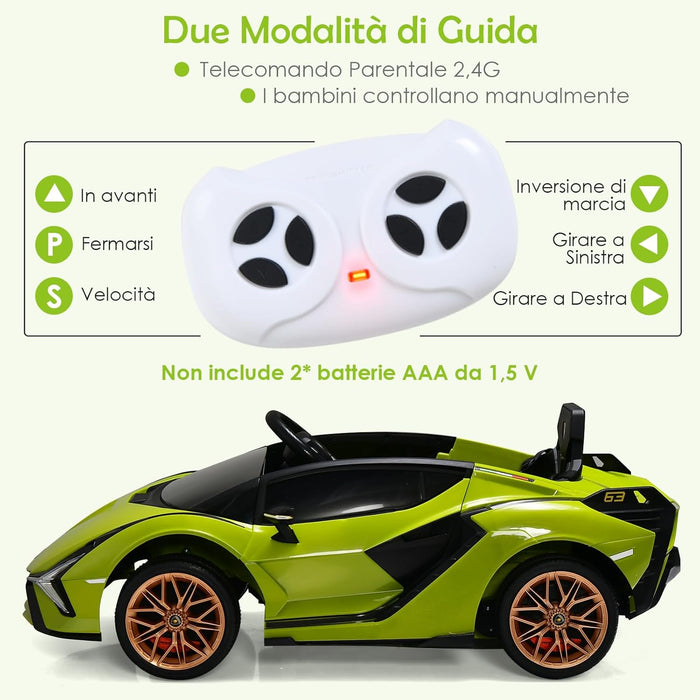 Macchina Elettrica Lamborghini per Bambini da 12V, Veicolo Elettrico con Luci LED MP3 Telecomando, Fino a 5km/h, +3 Anni (Verde)
