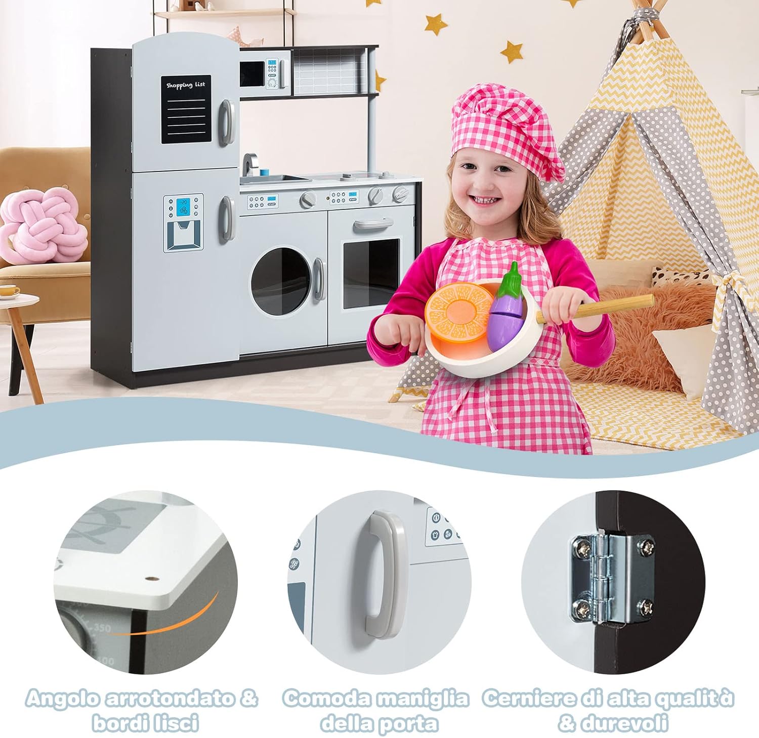 Cucina Giocattolo per Bambini, Cucina in Legno con Luci, Manopole e Accessori per Cucina, con Forno, Lavello, Armadietto e Pulsanti, Ideale per Bambini più di 3 Anni