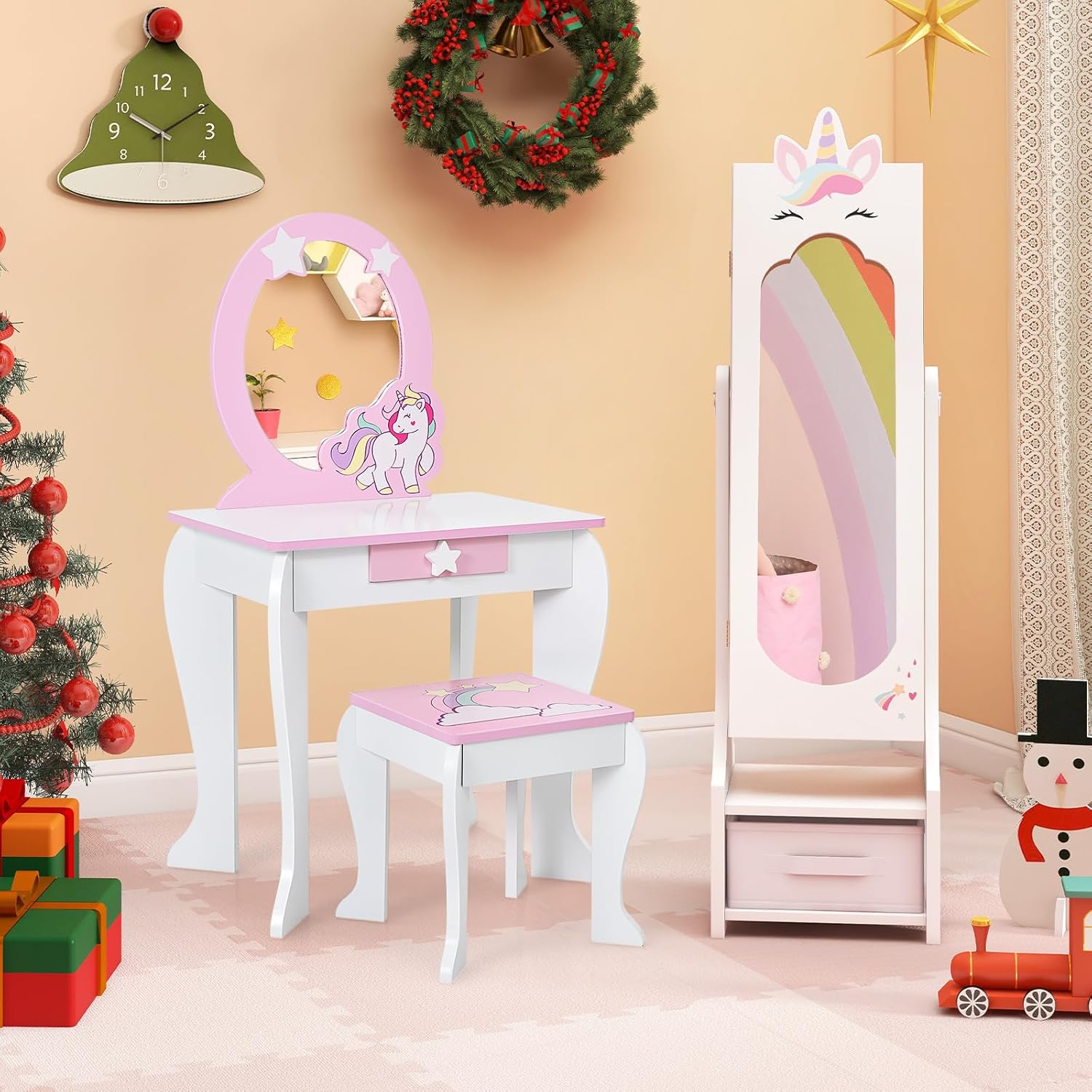 Set Toeletta per Ragazza, Toeletta Trucco per Bambini con Sgabello, Specchio Staccabile e Cassetto, Postazione Trucco in Legno per Cameretta 49.5 x 35.5 x 89cm (Bianco)
