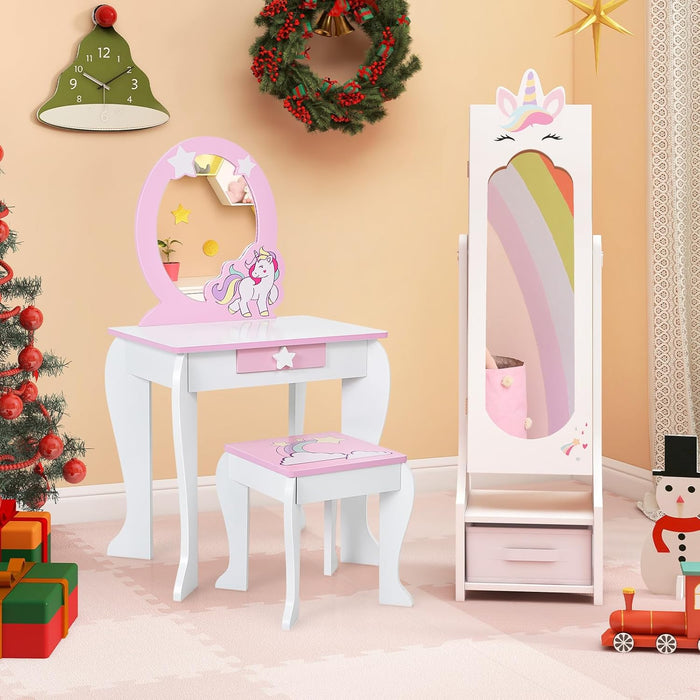 Set Toeletta per Ragazza, Toeletta Trucco per Bambini con Sgabello, Specchio Staccabile e Cassetto, Postazione Trucco in Legno per Cameretta 49.5 x 35.5 x 89cm (Bianco)
