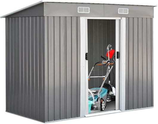 Casetta da Giardino Porta Attrezzi in Lamiera Acciaio Zincato, con Sfoghi, Ante Scorrevoli e Maniglie, Capanno da Esterno per Cortile, Giardino e Fattoria, 238 x 131 x 181 cm