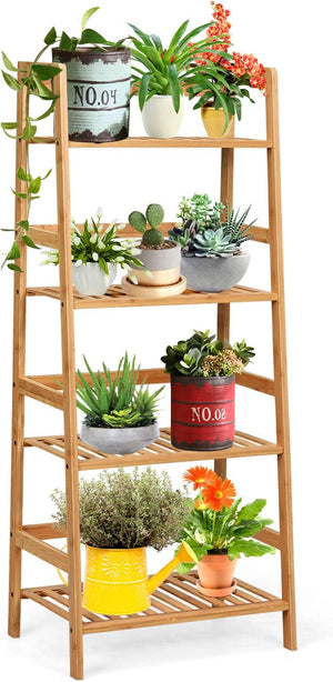Scaffale per Piante in Bambù a 4 Ripiani, Scaffale Porta Vasi da Interno ed Esterno, Scaffale Portafiori per Balcone, Giardino e Cortile, 48 x 32 x 115 cm (Naturale)