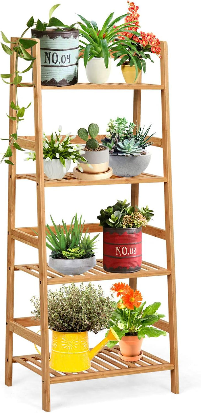 Scaffale per Piante in Bambù a 4 Ripiani, Scaffale Porta Vasi da Interno ed Esterno, Scaffale Portafiori per Balcone, Giardino e Cortile, 48 x 32 x 115 cm (Naturale)