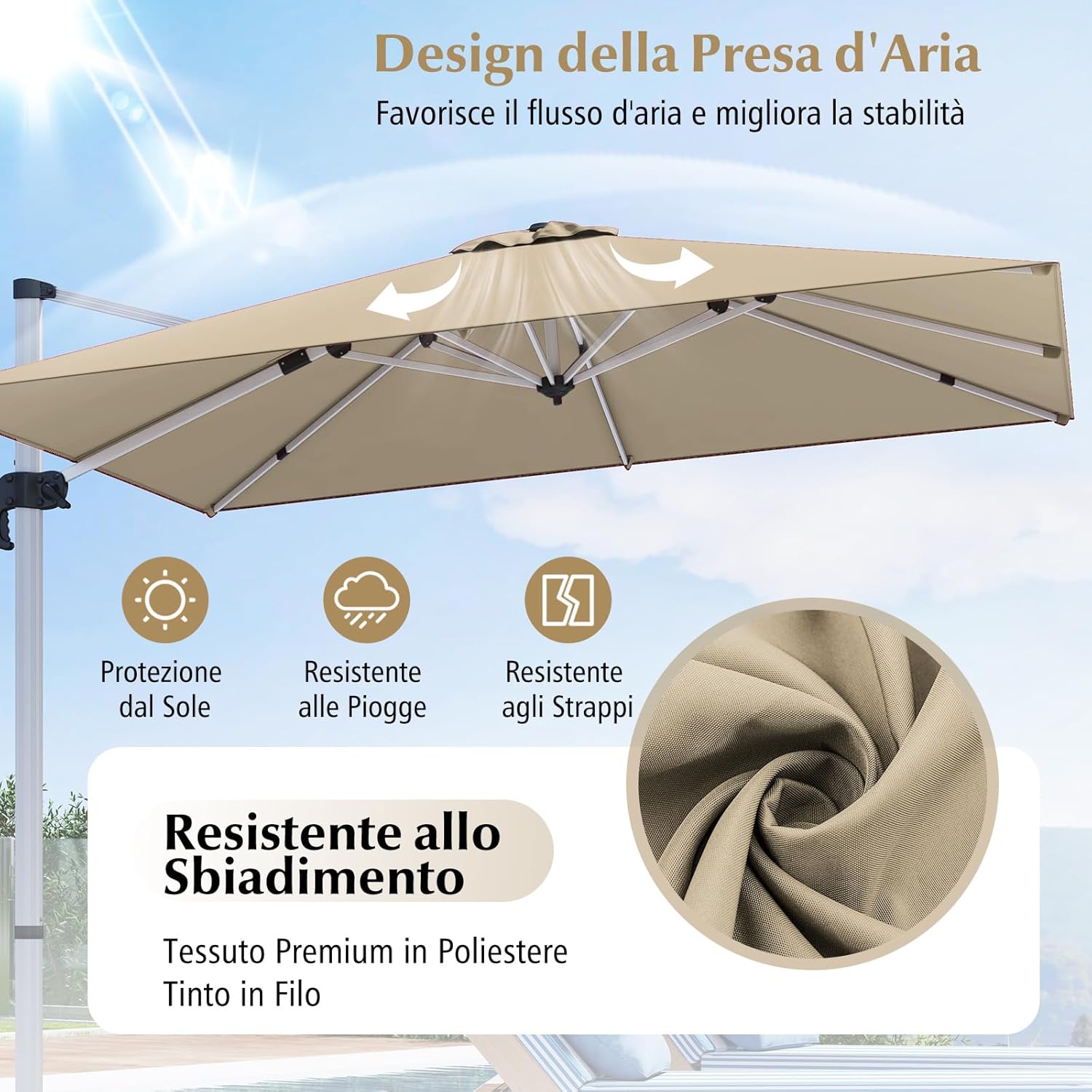 Ombrellone da Giardino 300 cm, Ombrellone Quadrato da Esterno con Rotazione a 360°, Inclinazione Regolabile, Base a Croce, 8 Stecche (Beige, 300 x 300 x 261 cm)