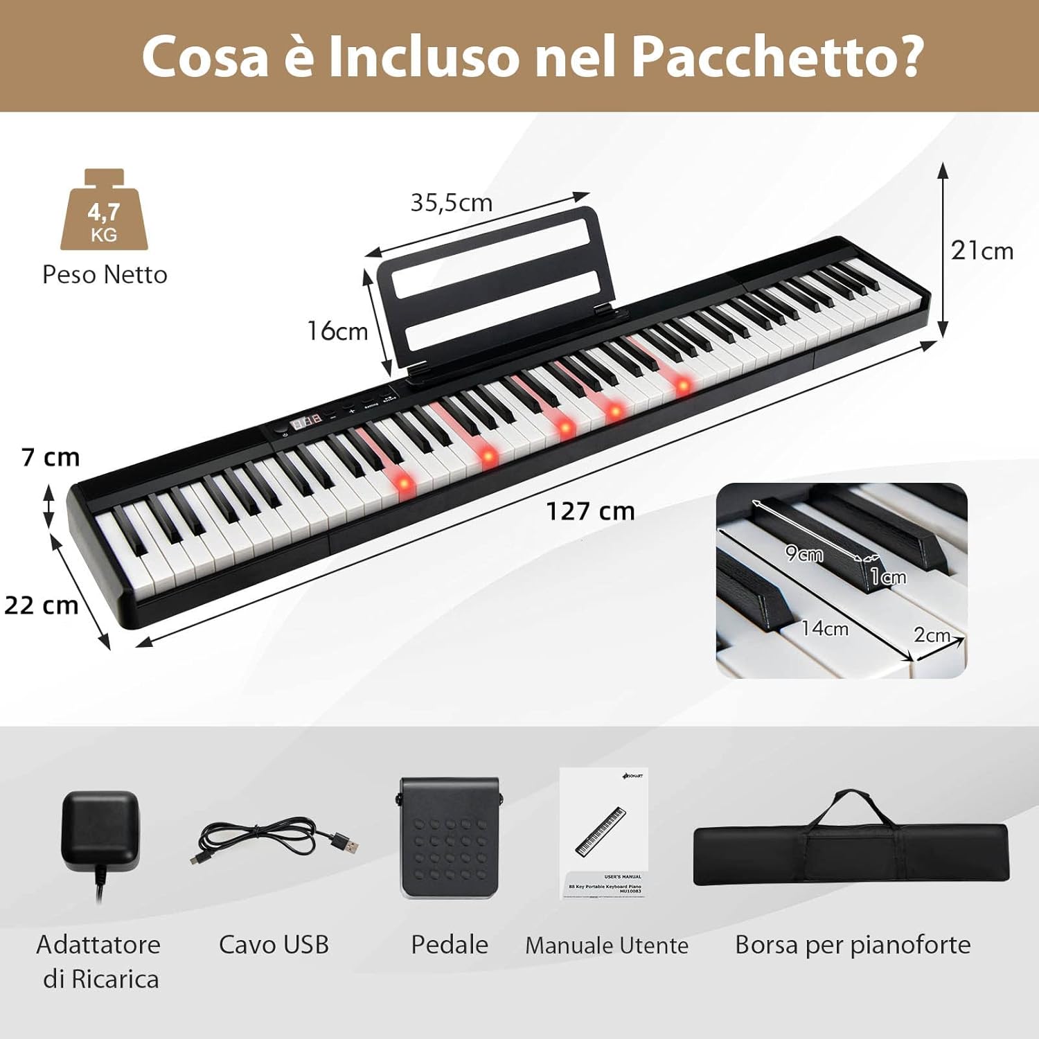Pianoforte Digitale con 88 Tasti, Tastiera Elettronica con Borsa, Pedale di Risonanza, Caricabatterie, Cavo USB, Connessione Bluetooth, Ideale per Bambini e Adulti